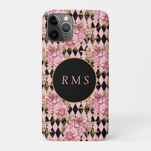 Rose auf Harlequin Monogram Case-Mate iPhone Hülle (Rückseite)