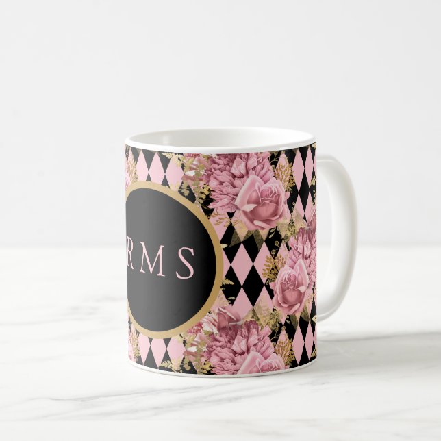 Rose auf Harlequin Monogram Kaffeetasse (VorderseiteRechts)