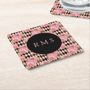 Rose auf Harlequin Monogram Rechteckiger Pappuntersetzer