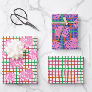 Rose auf Kariertem Muster - rosa Geschenkpapier Set