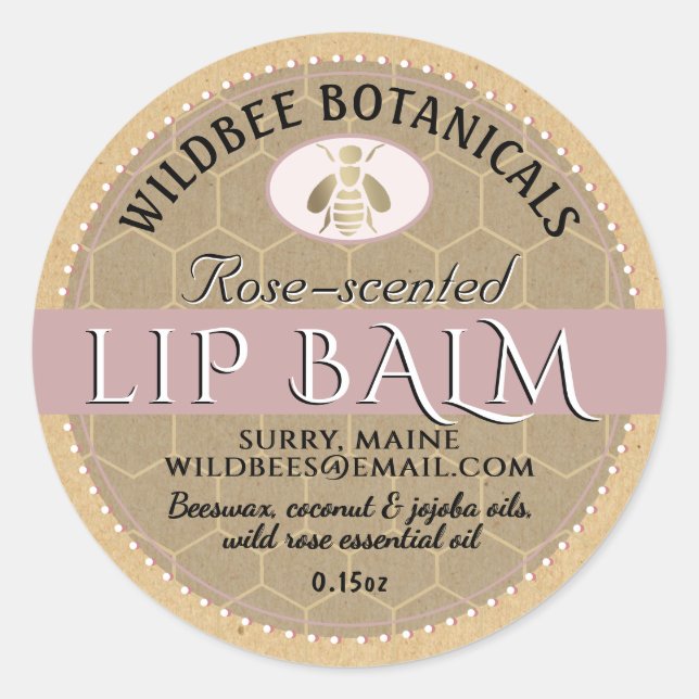 Rose auf Kraft BeesWachs Lip Balm mit gepunkteter  Runder Aufkleber (Vorderseite)