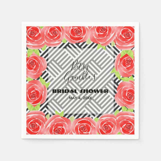 Rose auf schwarzen und weißen Streifen Napkins Serviette (Vorderseite)
