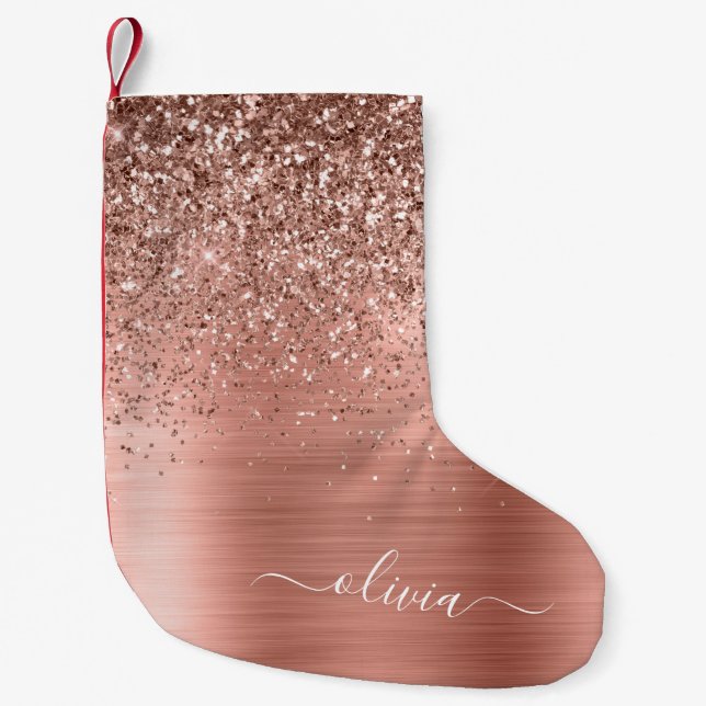 Rose aus gebürstetem Metall, Gold Rosa Glitzer Mon Kleiner Weihnachtsstrumpf (Vorderseite)