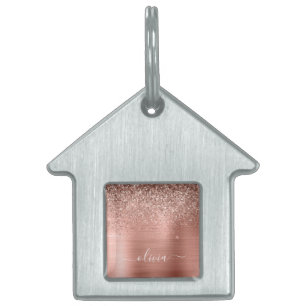 Rose aus gebürstetem Metall, Gold Rosa Glitzer Mon Tiermarke