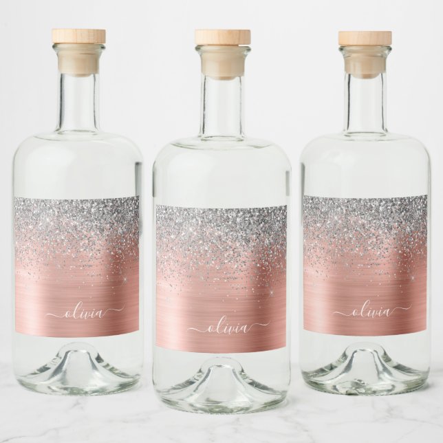 Rose aus gebürstetem Metall Gold Silber Glitzer Mo Alkoholflaschenetikett (Flaschen)
