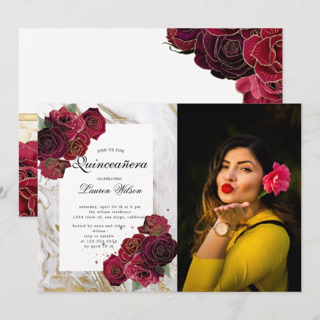 Rose aus Goldmarmor Blumenzwiebeln Quinceanera Fot Einladung (Vorne/Hinten)