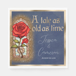 Rose aus Hartglas Schönheit und Bestie auf blau Serviette