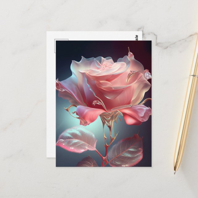 Rose aus lichtdurchlässigem Glas - trostlos pink Postkarte (Vorderseite/Rückseite Beispiel)