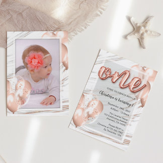Rose aus Marmor Gold Balloons Erste Geburtstagskar Einladung