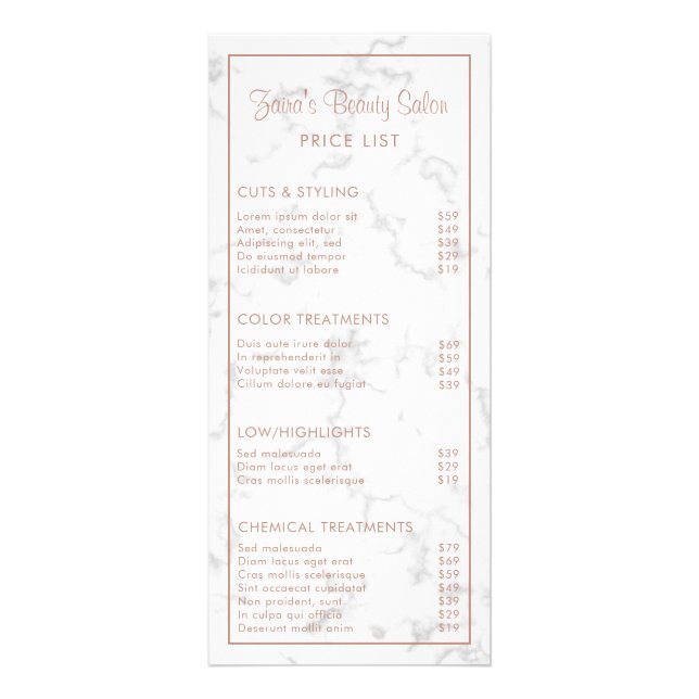 Rose aus Marmor Gold Moderne Beauty Salon Preislis Werbekarte (Vorne)