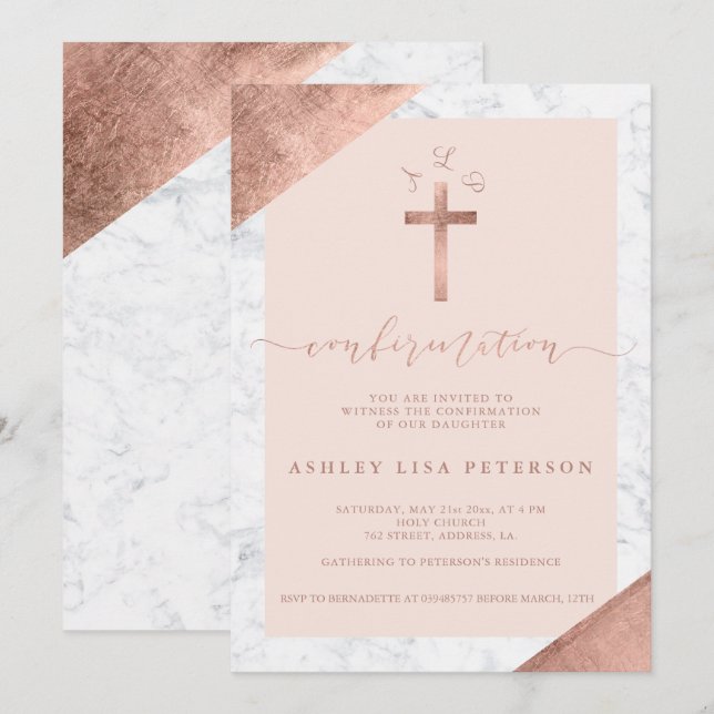 Rose aus Marmor, rosafarbene Monogramm-Bestätigung Einladung (Vorne/Hinten)