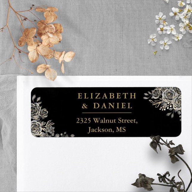 Rose aus Schwarz und Gold, gotische Rücksendeadres (Black And Gold Floral Roses Gothic Return Address Label)
