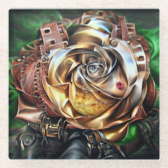 Rose aus Steampunken mit Oberflächengesicht - Mech Glasuntersetzer (Vorderseite)
