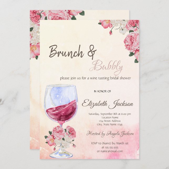 Rose aus Weinglas Wasserfarbenes Brautparty Einladung (Vorne/Hinten)