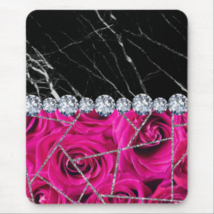 Rose aus weißem Silbermarmor Schwarzer Glitzer Mousepad