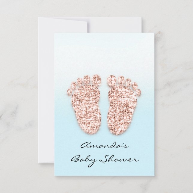 Rose Baby Dusche Feet Blush Blue Glitzer Einladung (Rückseite)