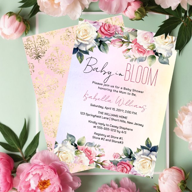 Rose Baby in Bloom Floral Baby Dusche Einladung (Pink and White Roses Baby in Bloom Girl Floral Baby Shower Invitation)