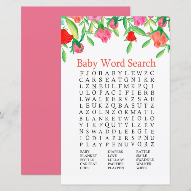Rose Baby Shooter Word Search Game (Vorne/Hinten)