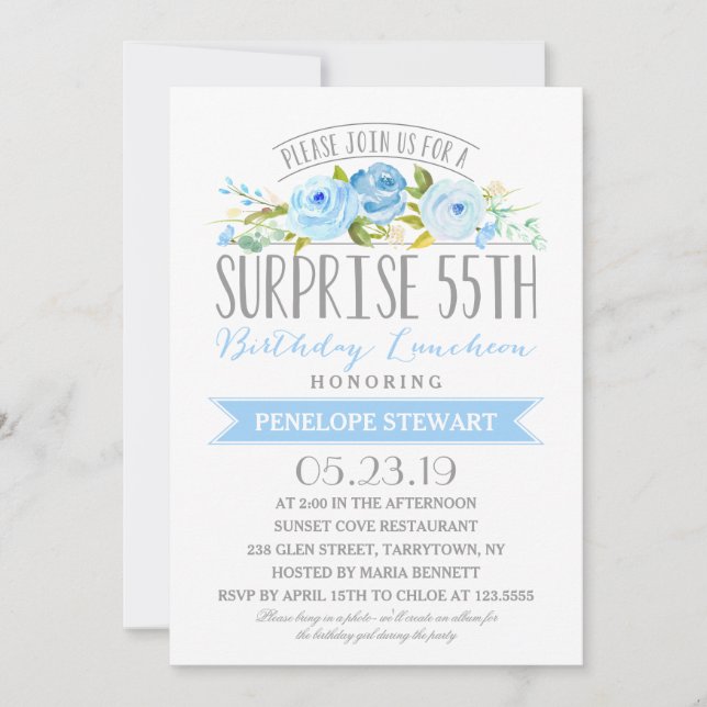 Rose Banner Überraschung 55. Geburtstag Mittagesse Einladung (Vorderseite)