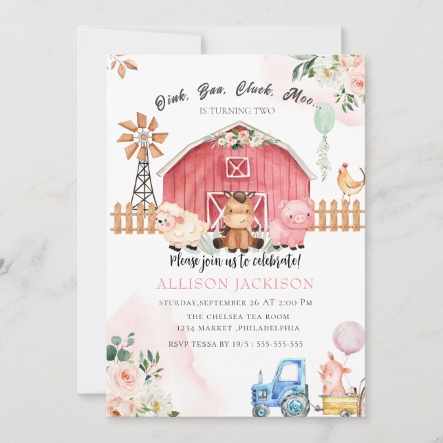 Rose Barnyard Tiere Geburtstag Bash Einladung (Vorderseite)