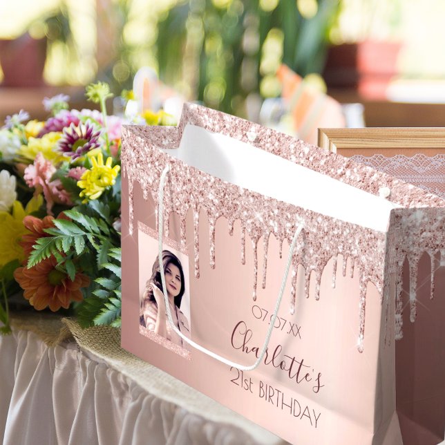 Rose Birthday Gold Zoll Foto Rosa Glitzer Tropfen Große Geschenktüte (Von Creator hochgeladen)