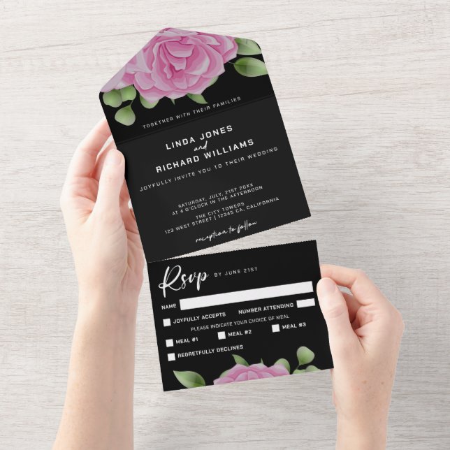 Rose Black All in One Wedding Einladung (Abreißen)
