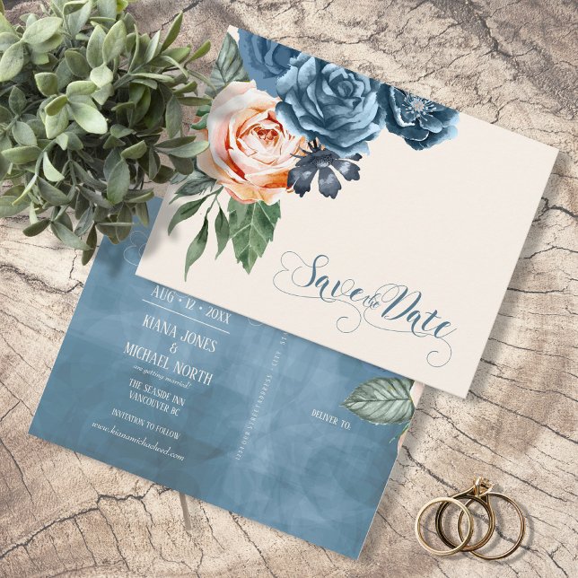 Rose Blau/Peach Save the Date ID584 Ankündigungspostkarte (Von Creator hochgeladen)