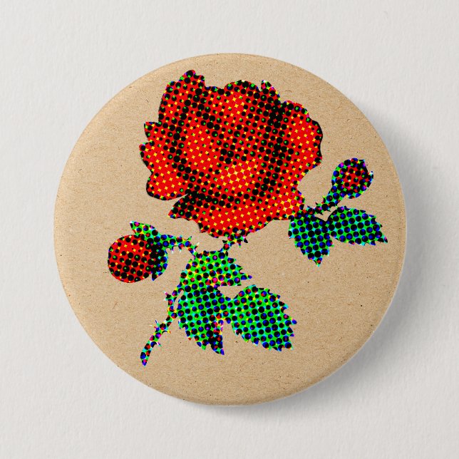 Rose Bloom Halftone auf braunem Papier Fine Art Button (Vorderseite)