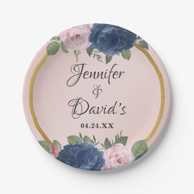 Rose Bloral Navy Blush Pink Gold Hochzeit Pappteller (Vorderseite)