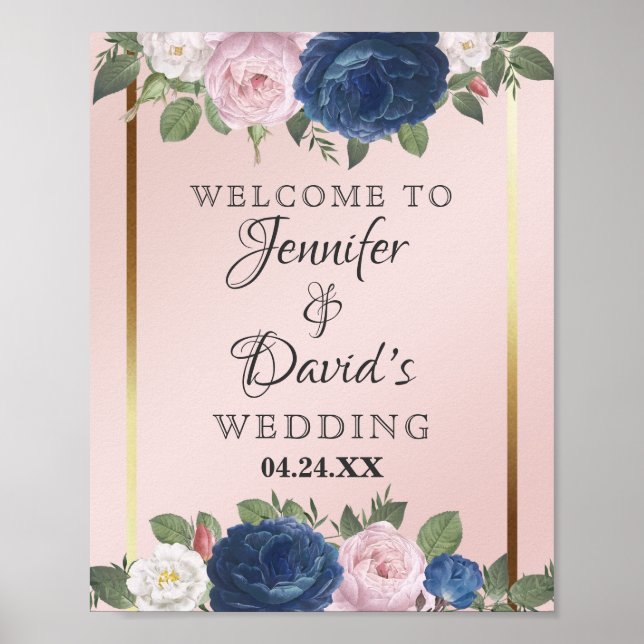 Rose Bloral Navy Blush Pink Gold Hochzeit Poster (Vorne)
