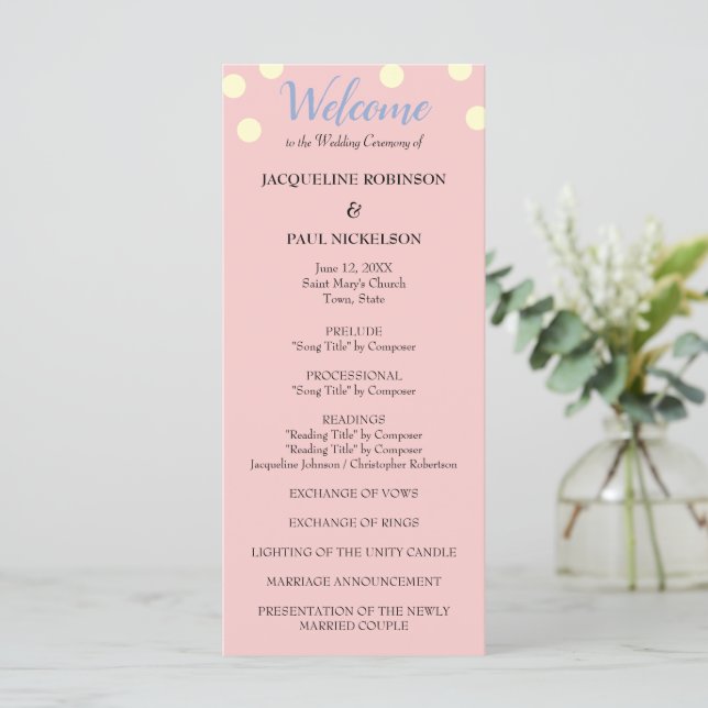 Rose Blue Cream Polka Dots Hochzeitsprogramm Programm (Stehend Vorderseite)