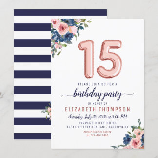 Rose Blues Blush Navy Gold Balloons 15. Geburtstag Einladung