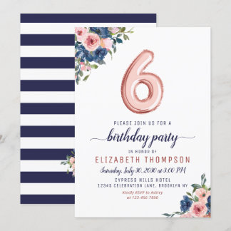 Rose Blues Navy Blush Gold Ballon 6. Geburtstag Einladung