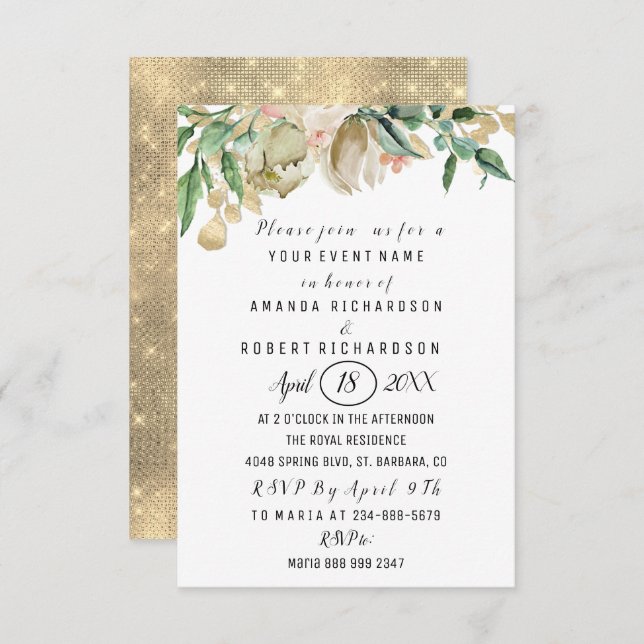 Rose Blume Brunch Grün goldene Farben Weiß Einladung (Vorne/Hinten)