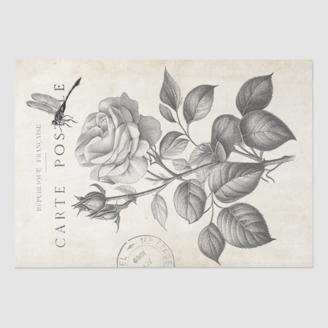 Rose Blume Dragonfly Französisch Postmark Decoupag Seidenpapier (Vorderseite)
