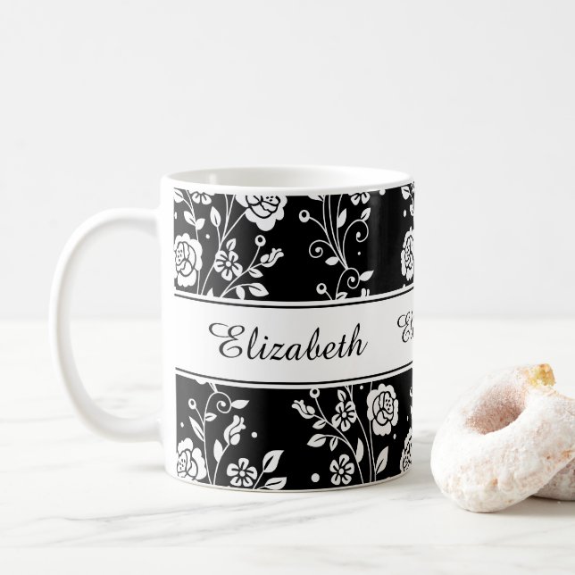 Rose Blume Floral Botaikanischer Muster Name Druck Kaffeetasse (Mit Donut)