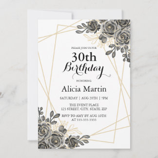 Rose Blume Schwarz & Gold Erwachsene Geburtstag Einladung