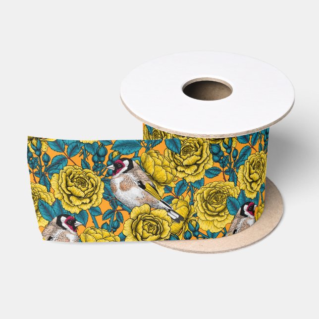 Rose Blume und Goldflossenvögel Satinband (Spule)