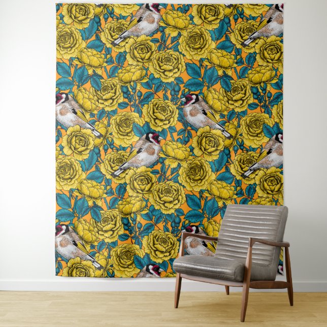 Rose Blume und Goldflossenvögel Wandteppich (Beispiel)