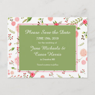 Rose Blumen- und grünes Wedding Save the Date Ankündigungspostkarte