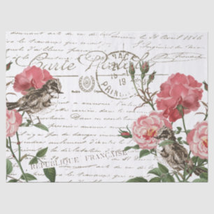 Rose-Blumen-Vogel-Postkarte Französisches Skript D Seidenpapier