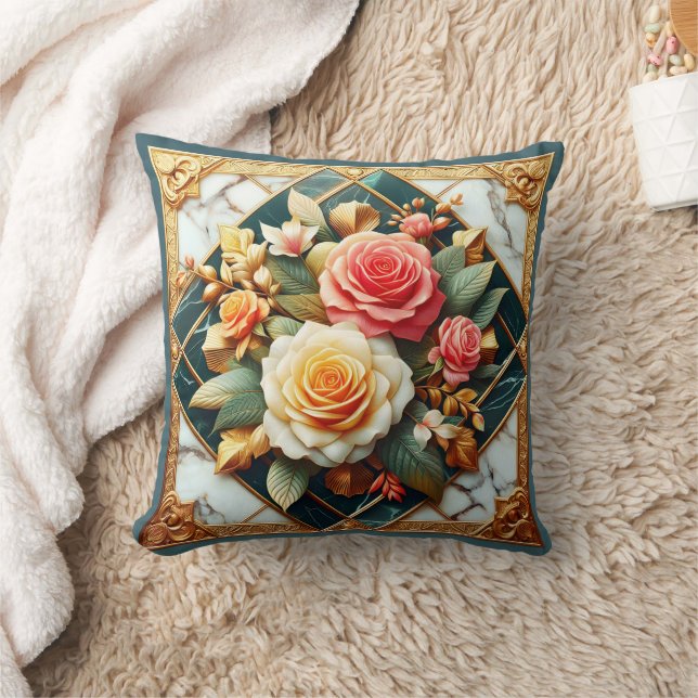 Rose Blumendesign mit Goldakzenten Kissen (Decke)
