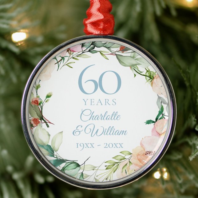 Rose Blumengarland 60. Hochzeitstag Ornament Aus Metall (Roses Floral Garland 60th Wedding Anniversary Metal Ornament)