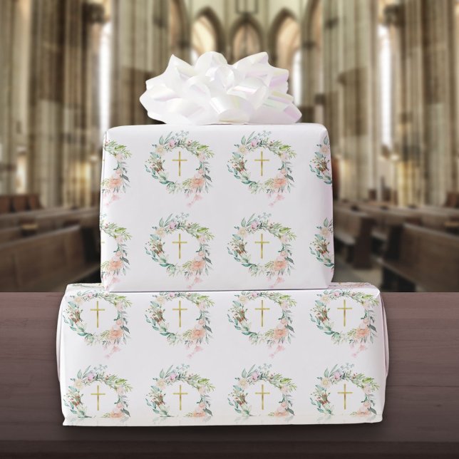 Rose Blumengarland Christliches Goldkreuz Geschenkpapier (Roses Floral Garland Christian Gold Cross Wrapping Paper)