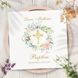 Rose Blumengarland Gold Cross Taufe Christening Serviette
