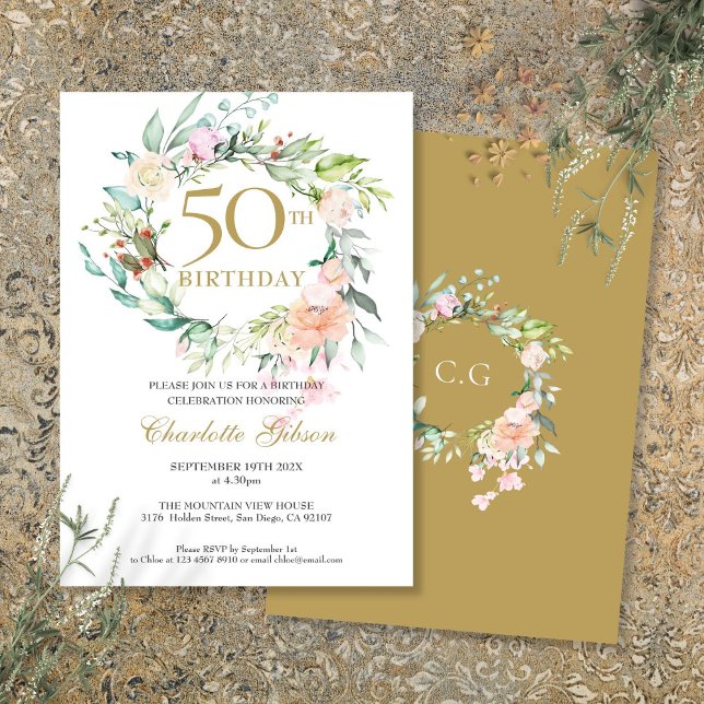 Rose Blumengarland Monogramm 50. Geburtstag Einladung (Roses Floral Garland Monogram 50th Birthday Invitation)