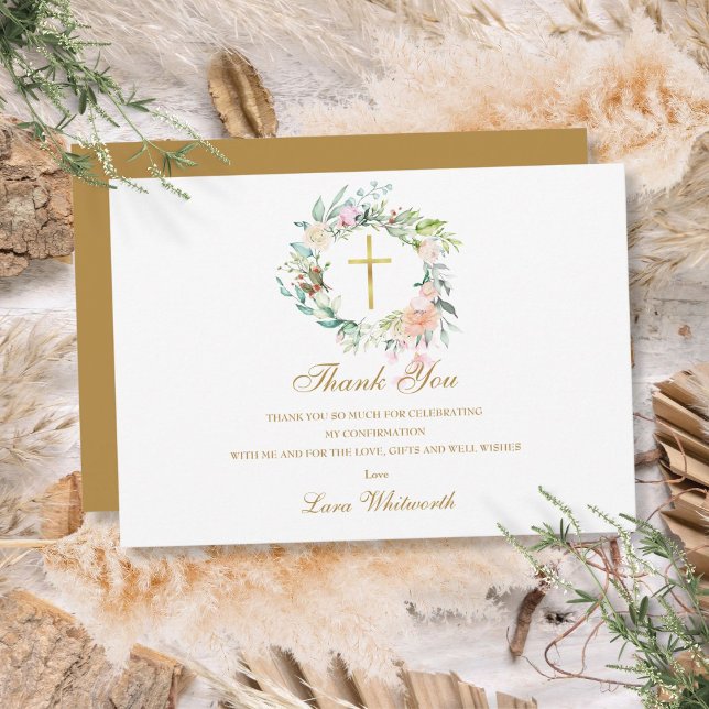 Rose Blumengarlandbestätigung Gold-Script Dankeskarte (Roses Floral Garland Confirmation Gold Script Thank You Card)