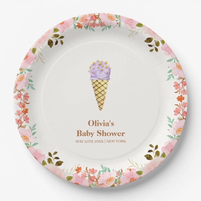 Rose Blumengarten Scoop Ice Cream Baby Dusche Pappteller (Vorderseite)