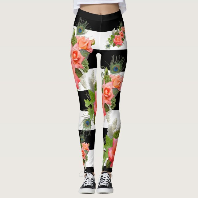 Rose Blumengestreifte Pattern Pfauenfedern Leggings (Vorderseite)