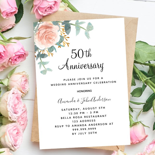 Rose Blumengrün Rosa 50. Hochzeitstag Einladung (Von Creator hochgeladen)